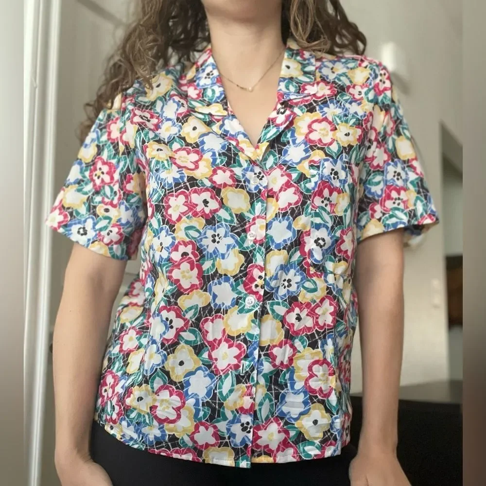 Vintage 80s Floral Funky Retro Button Down‎ Shirt Short Sleeve Sz 6